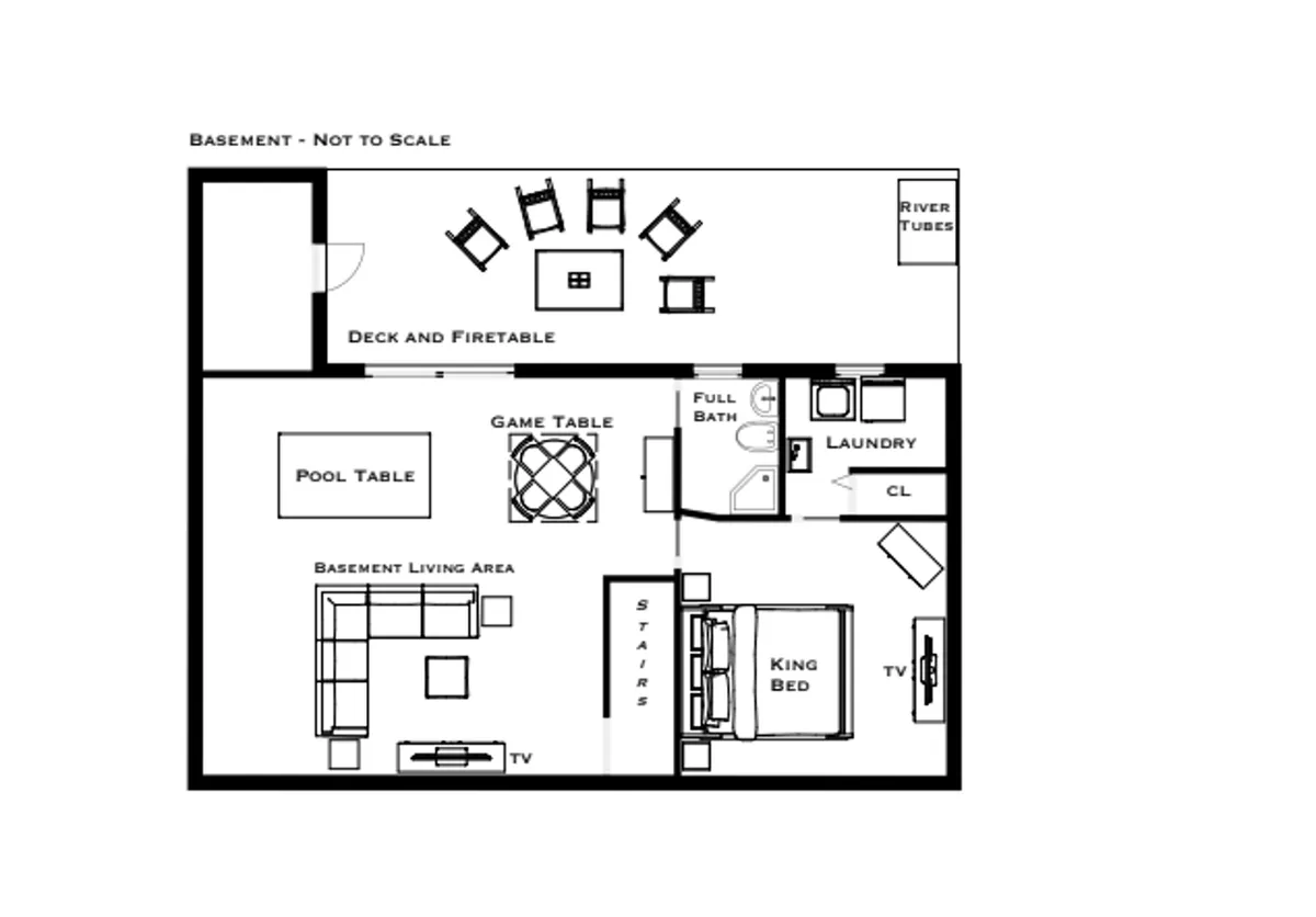 A wide view of a basement living area, seamlessly blending a pool table, a game table, and a plush lounge space. Sliding doors or deck access suggest a connection to the outdoors, while the pleasant, playful atmosphere radiates from the arrangement of games and comfortable seating.