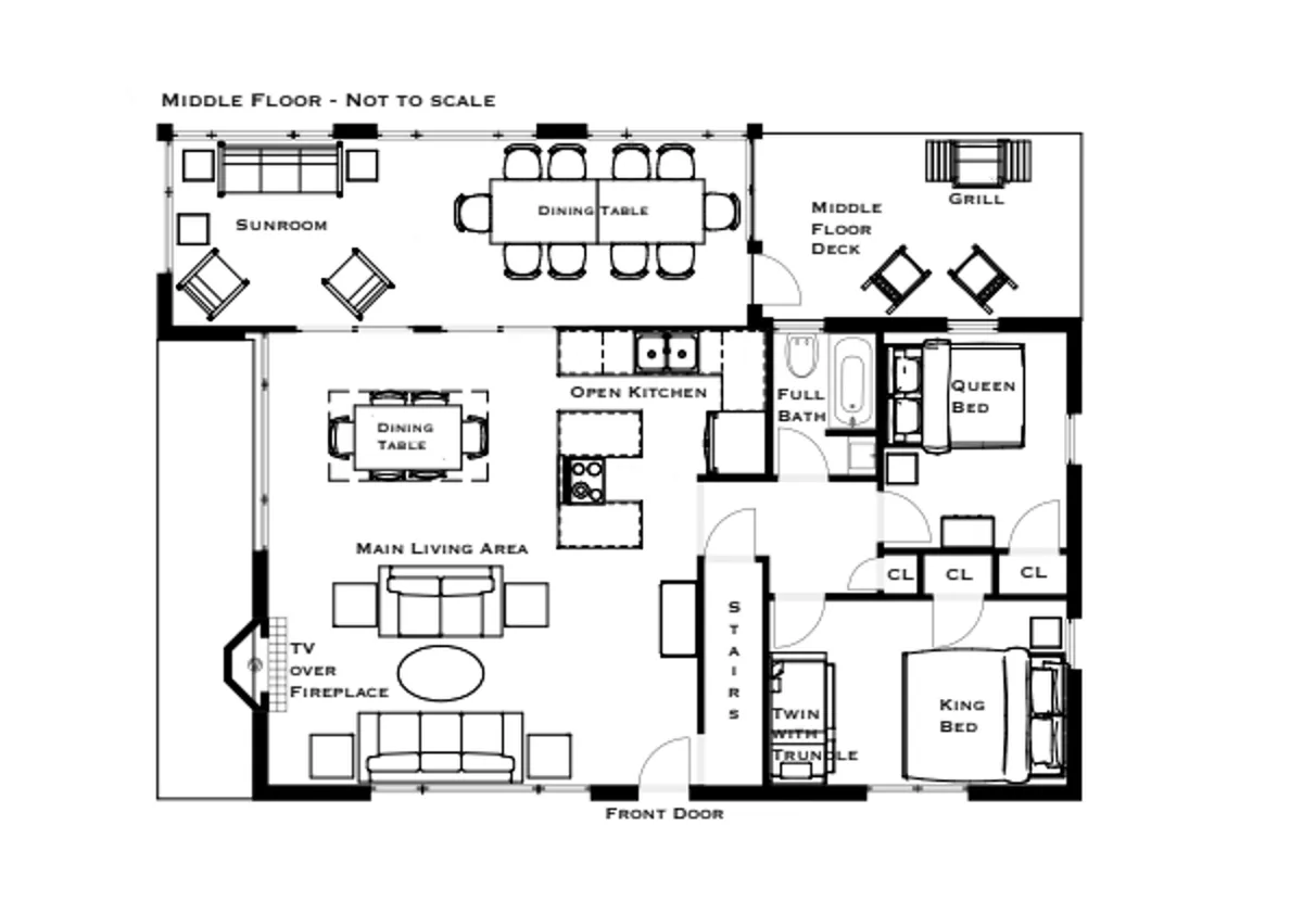 A broad view of the main living area, open kitchen, dining area, sunroom, and deck, showing seamless flow between indoor and outdoor spaces. The sunroom and deck are visible, hinting at both cozy indoor gatherings and easy access to outdoor relaxation.