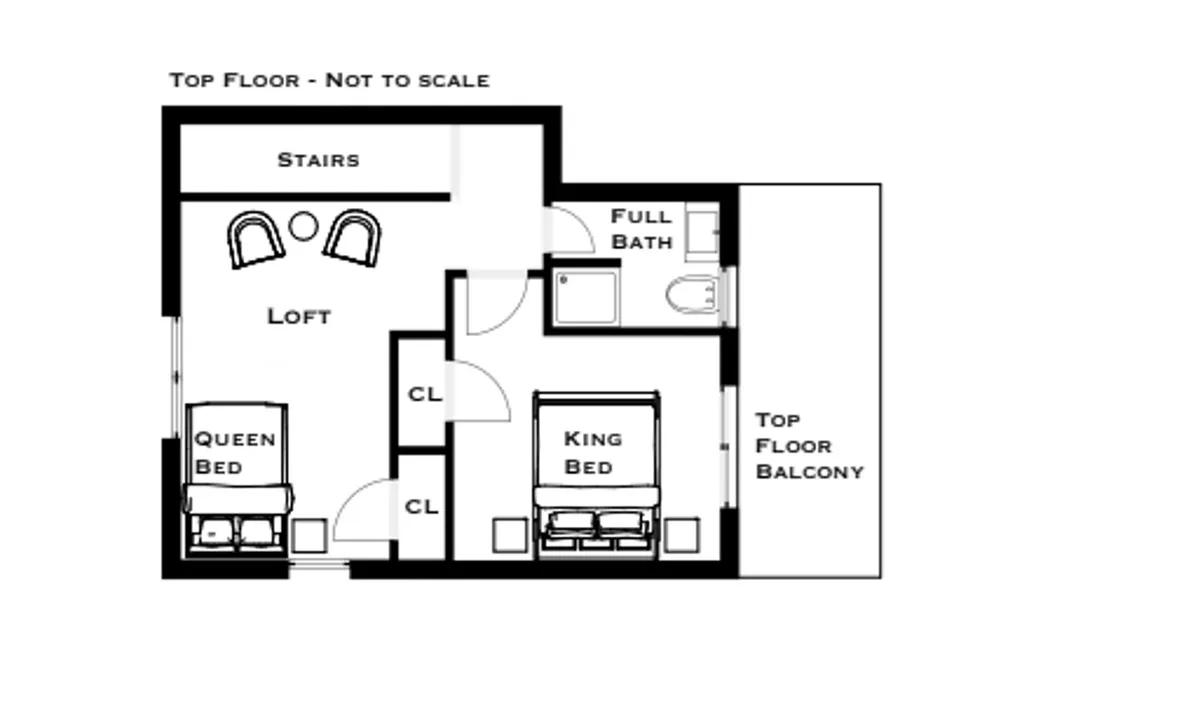 This image captures a spacious upstairs suite featuring both a king and queen bed, a visible loft area, and access to a balcony. The scene conveys a sense of comfort and flexibility, with multiple sleeping arrangements and a bright atmosphere thanks to large windows.